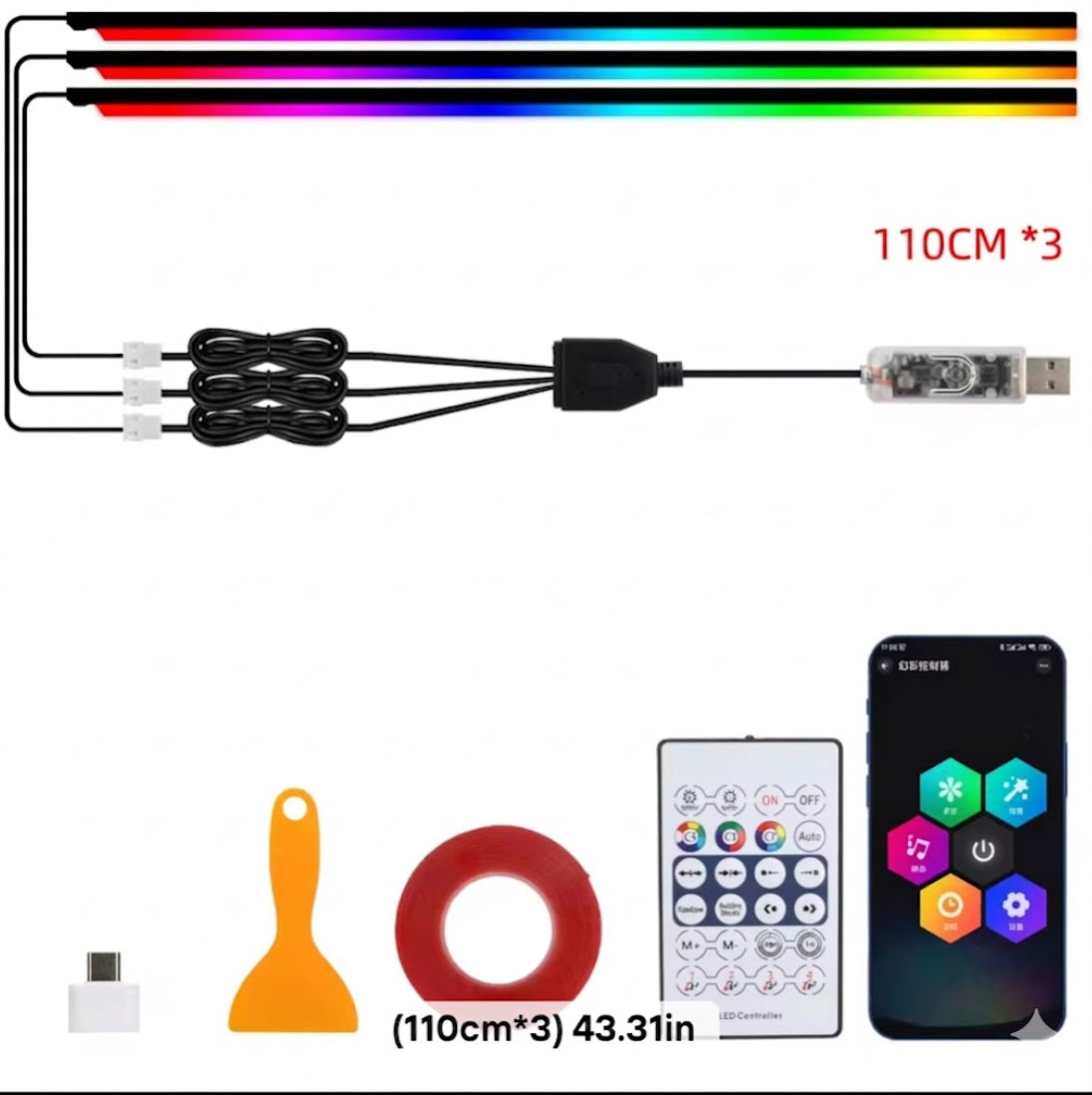 64-Color Premium Triple-Zone Ambient Lighting Kit (3 110cm Strips)
